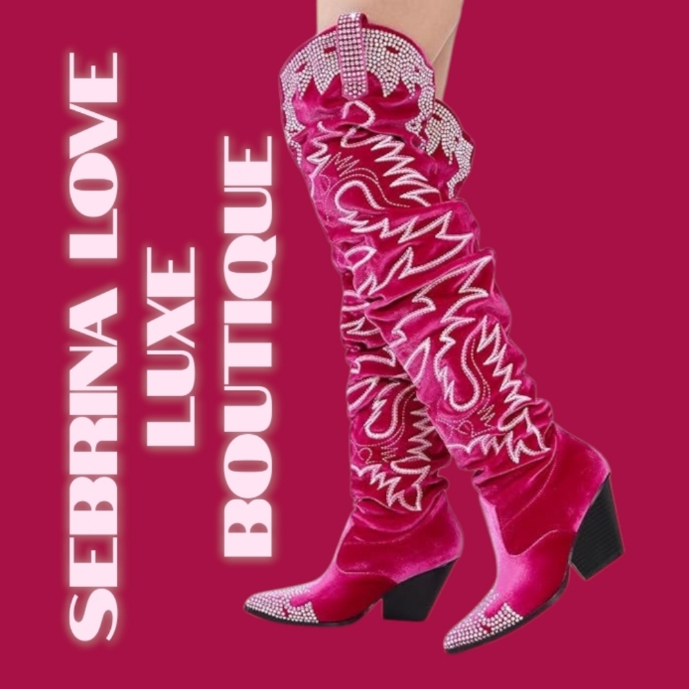 Pink Velvet Crystal Bejeweled Over the Knee Festival Western Boots